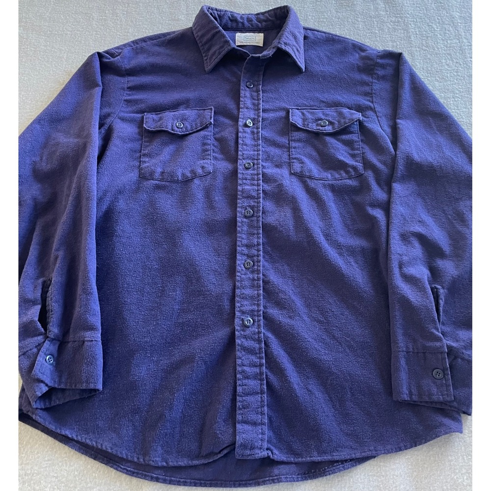 Vintage Sears Mens Flannel Shirt Toyal Blue Lg Sleeve Button Down Large 16-16.5